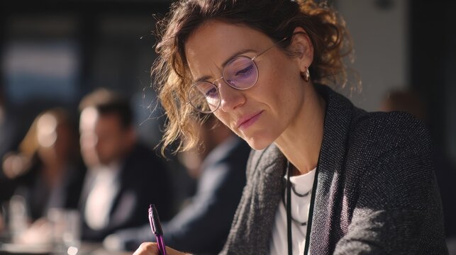 Focused Businesswoman Wearing Glasses Taking Notes in Modern Conference Room - Powered by Adobe