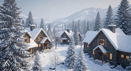 Cozy snow-covered cabins nestled in a vast winter mountain forest with festive wreaths
