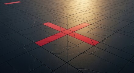 Dark, wet-looking tiled floor with a prominent red "X" mark under dim, reflective light