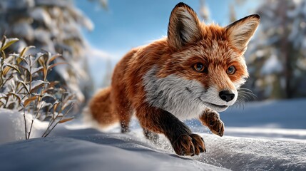Obraz premium A majestic fox gracefully running through a snow-covered landscape, embodying the beauty of wildlife in winter.