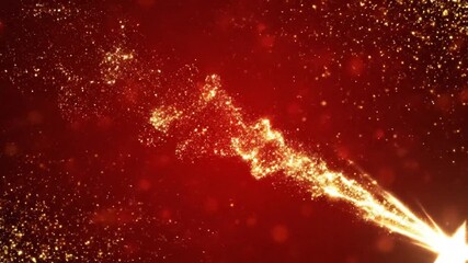 Seamless loop animation of a glowing Christmas shooting star with trailing golden particles on red background, perfect for festive holiday designs, videos, and digital projects - Powered by Adobe
