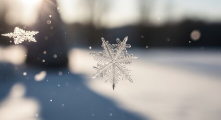 Detailed crystalline snowflakes float in sunlit winter air above a blurred snowy scene