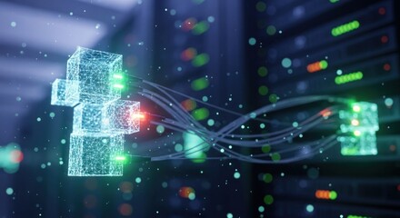 Digital data flow with abstract glowing cubes in a blurred server rack environment