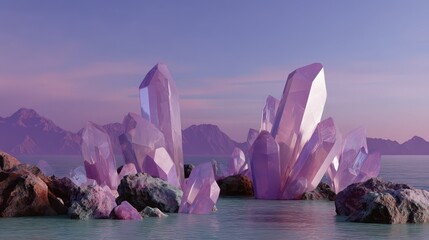 Stunning Pink Crystals Reflecting Light on Serene Water Surface