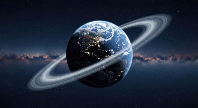 Detailed ringed planet resembling Earth with night lights and starfield backdrop