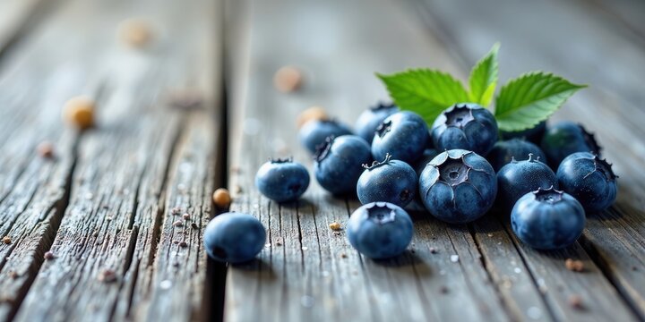 A cluster of ripe blueberries rests on a rustic wooden surface, adorned with fresh green leaves, creating a visually appealing and naturally vibrant scene. - Powered by Adobe