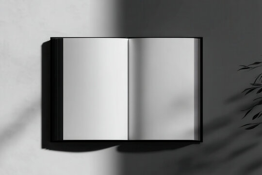 Open book with blank pages is placed surface, casting shadow. lighting creates dramatic contrast between light and dark areas, adding depth to scene. plant shadow is visible right side