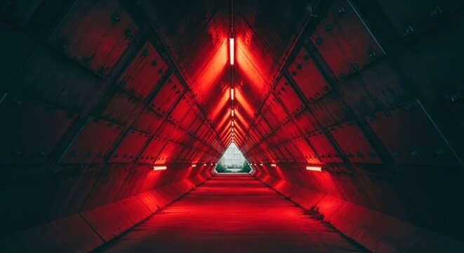 Dramatic red-illuminated triangular metal passage extending to a distant white light