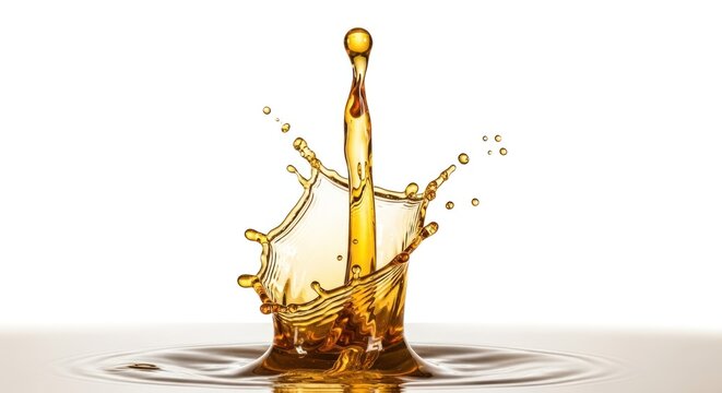 Dynamic golden liquid splash with a tall central column and delicate droplets