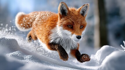 Obraz premium A vibrant red fox leaps through the snowy landscape, showcasing its agility and beauty in a winter setting.