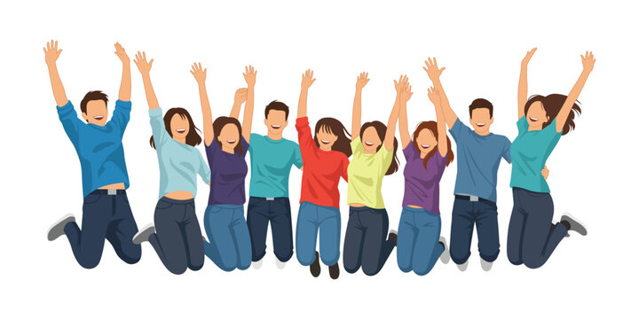 People jumping, Young funny teens large group guy, girl, jumping together vector illustration