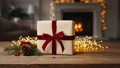 Gift presentation in cozy living room with warm lights and pine decor capturing holiday spirit and joyful atmosphere