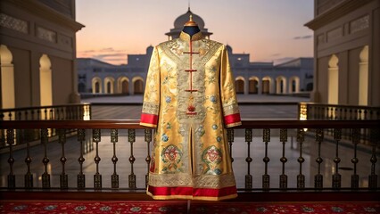 Ornate golden imperial chinese robe displayed on mannequin with palace background