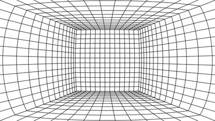 3D wireframe perspective grid room template design vector illustration background. Empty three dimensional virtual room perspective wireframe grid geometric sketch. Cyber virtual line interior frame.
