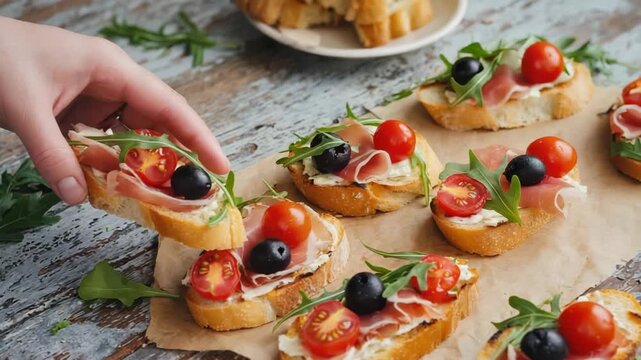 Slow cinematic shot of bruschetta with prosciutto tomatoes olives and arugula on rustic bread in warm natural light
