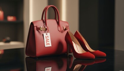 Fashion sale event chic red handbag and heels urban boutique product display modern setting stylish perspective