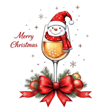 Watercolor illustration of a cheerful snowman wearing a santa hat and scarf inside a wine glass filled with golden liquid, isolated on white background