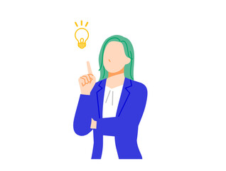 スーツのビジネスウーマンが閃く表情イラスト。フラットデザイン