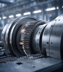 High-precision metal gear assembly inside industrial machine, detailed stainless steel components, mechanical engineering system with rotating gear teeth and advanced manufacturing environment

