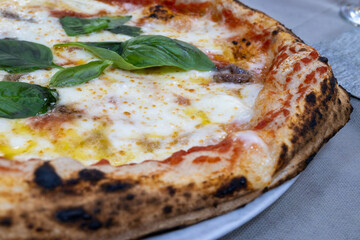 Eating of fresh baked Naples pizza dish in italian pizzeria restaurant, close up