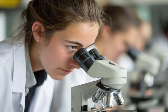 Teenage girl focuses intently on microscope during biology lesson in classroom engaging with science