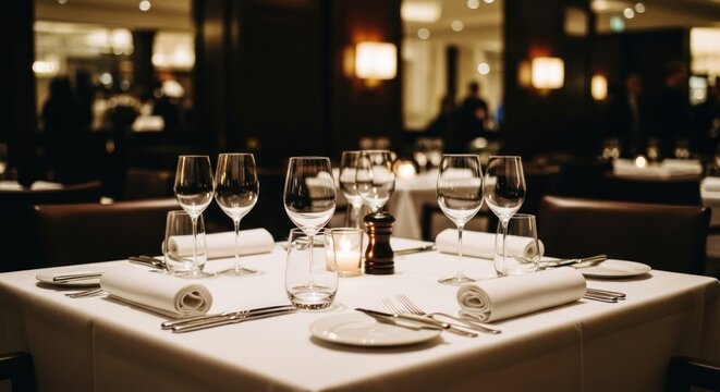 Elegantly set restaurant table with fine glassware, cutlery, and candle in a warm, intimate setting