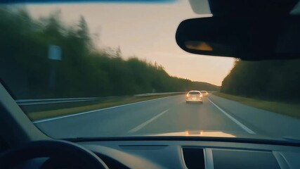 Driving on a scenic highway towards a beautiful sunset during a memorable road trip