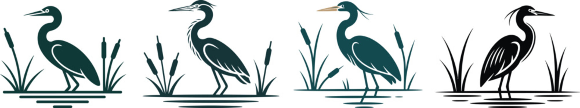 Heron or Egret Silhouette Vector Icon Set: Great Blue Heron Standing in Marsh Grass and Cattails