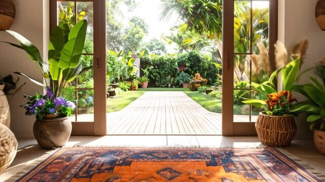 Interior view of a home with a rug, plants and open doors to a lush garden