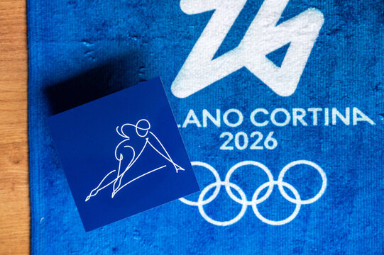 Short track speed skating Winter Olympics 2026 in Milan and Cortina, Blue Pictogram and Logo Artwork Wallpaper