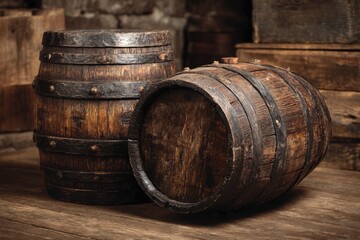 Beautifully crafted wooden barrels set in a rustic, warm-toned environment showcasing artisanal craftsmanship and rich textures of aged wood in a charming setting