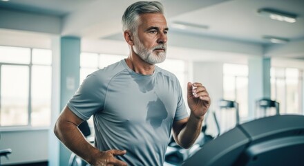 Focused senior man with grey hair runs on a treadmill, sweating from exertion