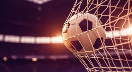 Football hitting the goal net in a stadium background with dramatic lighting