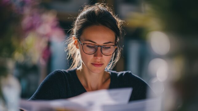 Young Woman Wearing Glasses Reading Papers Outdoors Natural Light Casual Setting