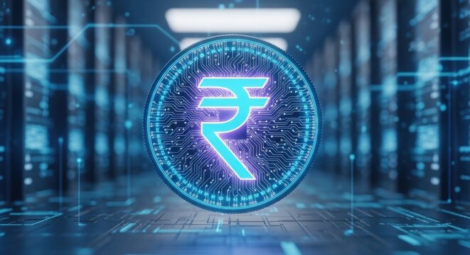 Glowing digital Indian Rupee symbol in a futuristic data center with circuit patterns