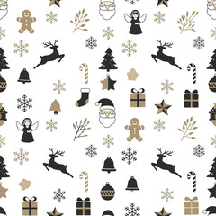 A christmas themed pattern with santa claus, reindeer, angel, and gingerbread man on a white background