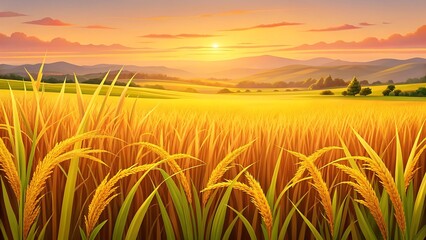 Golden wheat field at sunset with rolling hills and warm sky