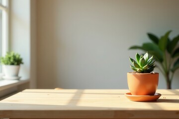 A sunlit succulent in a terracotta pot rests on a light wooden table near a bright window, creating a peaceful and minimalist home office atmosphere.