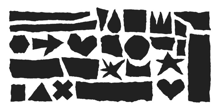 Jagged edge torn paper piece collage grunge cut out shapes vector illustration. Ripped paper abstract frame shape text box template collection.