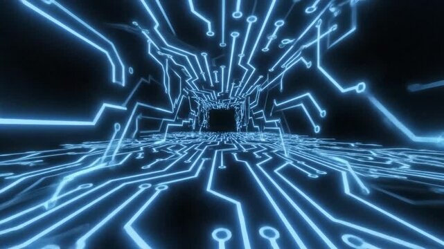 Futuristic neon blue pattern in seamless loop animation on black background, creating a high-tech, glowing, and dynamic abstract motion effect for digital and creative projects