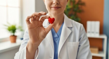 Healthcare professional in a white coat gently offers a small red heart, symbolizing health