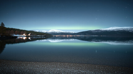 Aurora Borealis illuminating the tranquil night sky over a serene lake with snow-capped mountains reflecting in the water