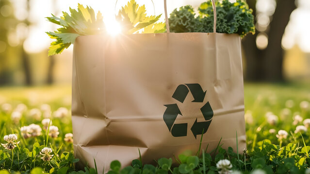 Sustainable living with fresh produce in reusable bag bathed in golden sunlight, promoting eco-friendly choices and healthy lifestyle in nature's embrace, perfect for green marketing - Powered by Adobe
