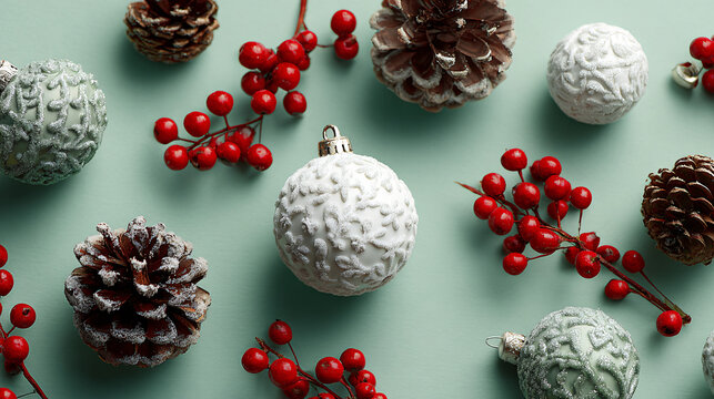 Snow-covered ornaments arranged with pine cones and bright red berries on a clean green backdrop, creating a cheerful and festive holiday atmosphere 