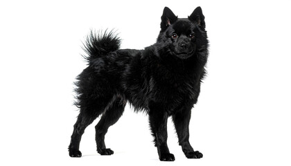 Schipperke dog standing alert with fluffy tail in studio setting