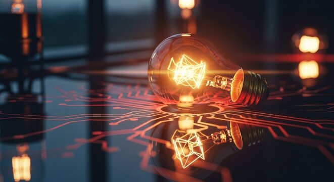 Illuminated light bulb on reflective surface; radiating red circuit board patterns