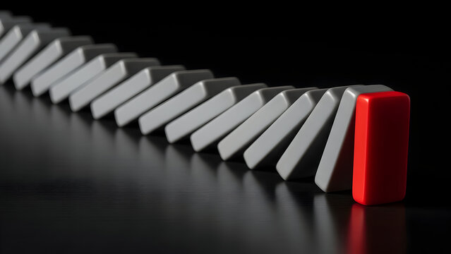 Stop the domino effect with a striking red piece preventing failure, showcasing resilience, crisis management, and strategic planning with impactful visuals for business success
