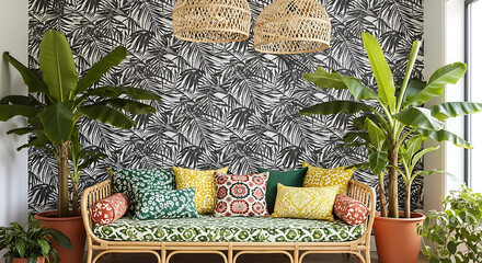 A serene indoor lounge area with a wicker sofa adorned with vibrant cushions, surrounded by lush greenery and decorative wallpaper, viewed from a cozy perspective.