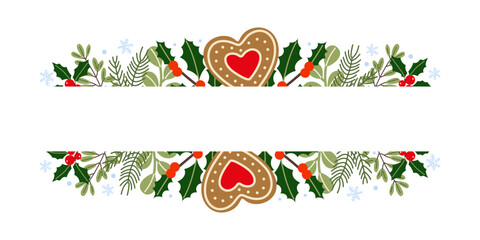 Festive holiday border design featuring gingerbread heart cookies and winter foliage for seasonal decoration