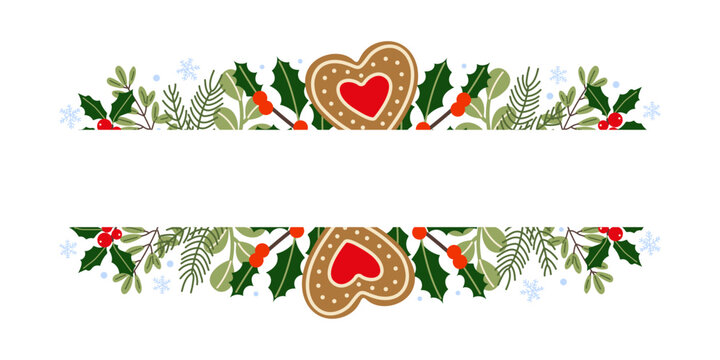 Festive holiday border design featuring gingerbread heart cookies and winter foliage for seasonal decoration